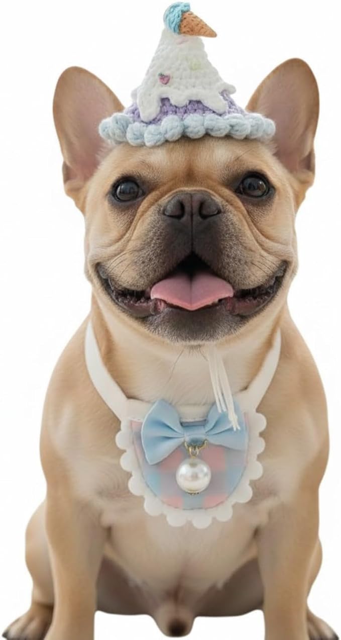 Handmade Dog Outfit – Adjustable Birthday Cat Hat & Silk Dog Scarf with Pearl Pendant for Cats,Small & Medium Dogs, Cute Accessory for Cat Birthday, Holiday, Daily Wear & Photos