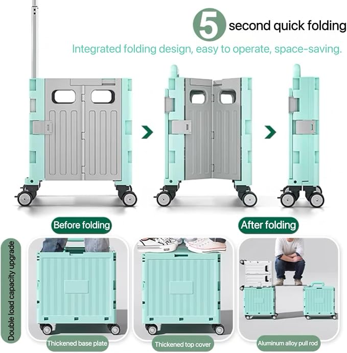 Foldable Utility Cart, Portable Rolling Crate with 360° Rotating Wheels, Detachable Lid,Telescoping Handle, Collapsible Trolley for Travel, Office, Grocery, and Storage (Purple)