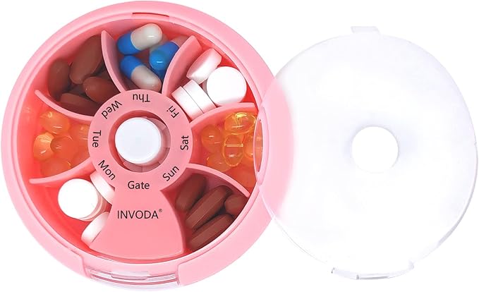 INVODA Weekly Pill Organizer 7 Compartment Rotating Pill Box for Daily | Cute Round Pill Organizer Fit purse pocket or backpack Portable Travel Pill Case for Fish Oil Supplements Vitamins Medication