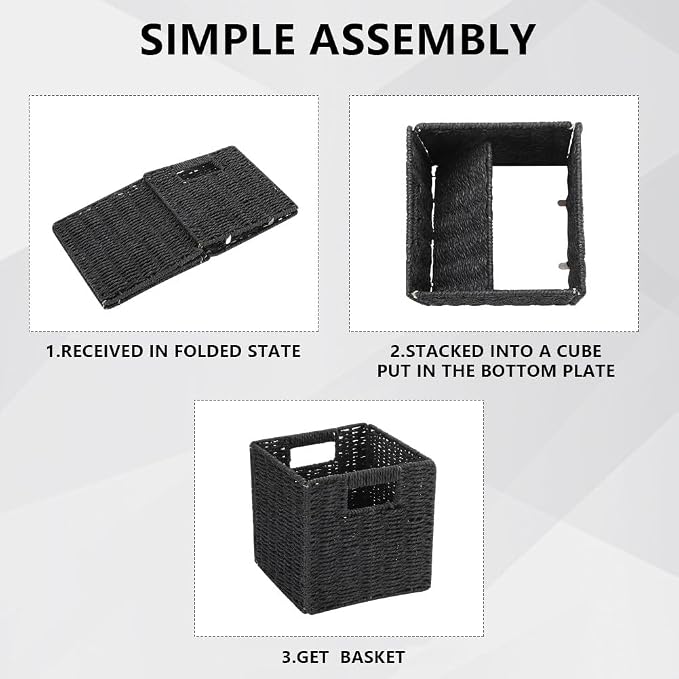 6 Pack 8.7 Inch Wicker Baskets | Hand Paper Rope Storage Baskets，Foldable Cube Storage Bins Organizer Square Wicker Cubes for Shelves (Black)