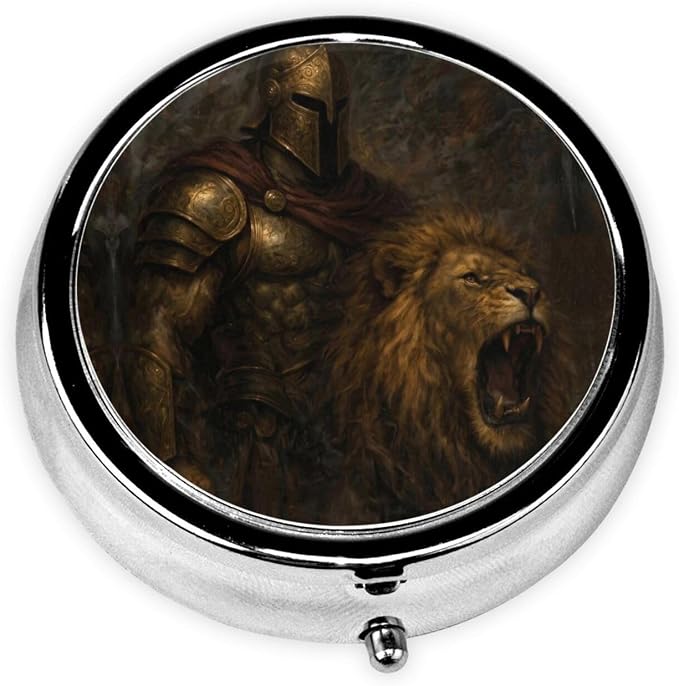 Medieval Knight and Lion Portable Pill Organizer | 3 Compartment, With Mirror, For Men Women, For Daily Supplements, Vitamins, Fish Oil, Jewelry, Candy, Travel