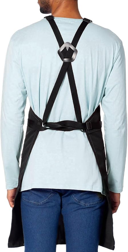 Under NY Sky Barber Apron, Cross-Back with Buckle, Zipped Pockets, Black | Oxford Canvas Resists Liquids, Chemicals, Ink, Dye. Quick-Release Buckle, Split-Leg, For Hair Stylist, Colorist, Barbers