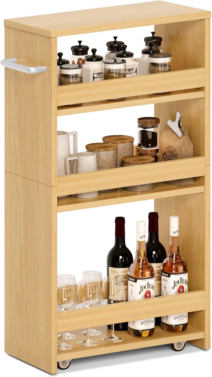 MARTY Slim Rolling Storage Cart, Wood Utility Kitchen Bathroom Laundry Cart | 4 Tier Kitchen Cart with Wheels Handle, Laundry Room Organization Between Washer and Dryer, Narrow Storage Cabinet, 8” Wide