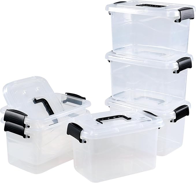 6 Quart Plastic Clear Storage Latching Box with Handle, 6 Packs | Plastic Latch Tote Bin Container with Lids