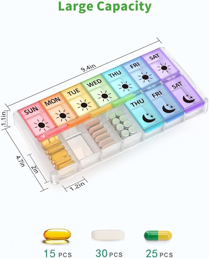 Weekly Pill Organizer 2 Times a Day Extra Large 7 Day Easy Fill Quick Fill Portable Fullicon AM PM Pill Box for Supplement, vitamine, and Medicine - (Patent Registered) (Pack of 2)
