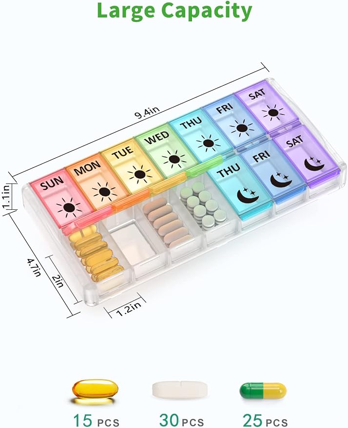 Fullicon Quick Fill, Pill Organizer 2 Times a Day, Rainbow Clear | Each Compartment Holds 15 Fish Oils, 30 Vitamins, or 25 Capsules, Two Side Buckle Locks, Detachable Base, BPA Free Plastic