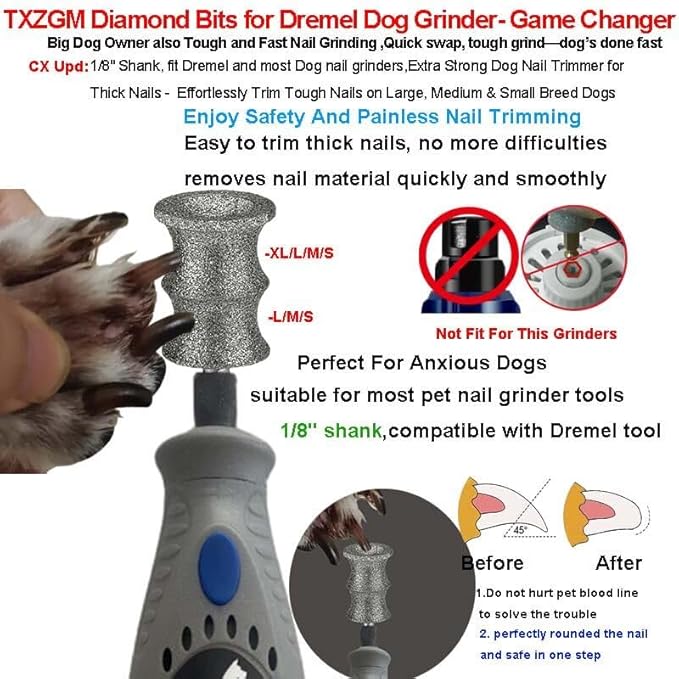 2-Pack Diamond Dog Nail Grinder Bits Attachment for Dremel - 1/8'' 80 Grit Refills Tip & Replacement Heads for dremel 7760 & 7350, Fits Small, Medium, Large Dogs & Cats, Grooming Thick Nails on Pets