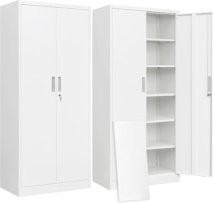 BESFUR Metal Storage Cabinet with 2 Doors and 5 Adjustable Shelves Garage Storage Cabinet with Lock 71" Office Storage Cabinets Locking Cabinets for Garage Office Shop Home (White)
