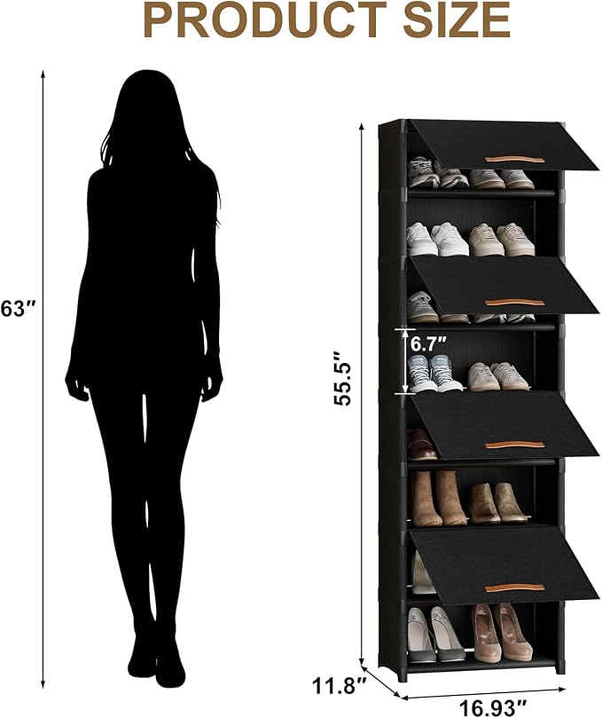 9 Tier Shoe Cabinet with Door, 18-Pair Rack for Closet Black | Non-Woven & Metal Frame, Stable, Door Blocks Dust & Pets, DIY Split for Spaces, Easy Assembly