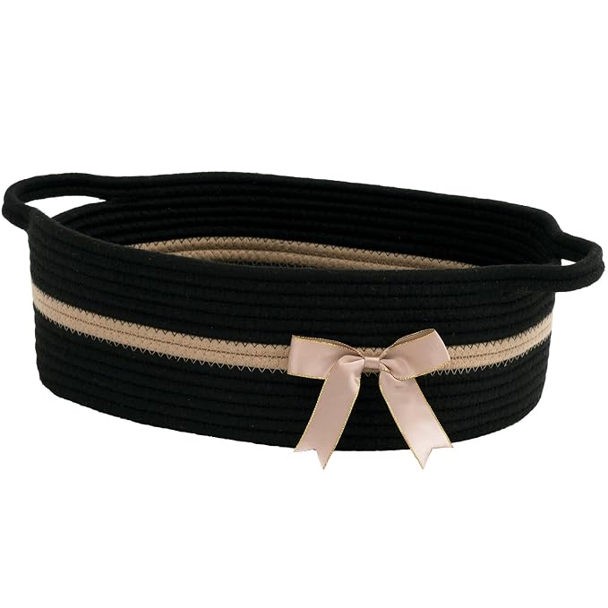 CHICVITA Small Woven Rope Gift Basket, Decorative Boo Basket, Black Brown | 13" x 10" x 5" Storage Baskets for Diapers, Toys & Towels, Fits Nursery, Bedroom & Home Decor, Built-In Handles, Bow Design