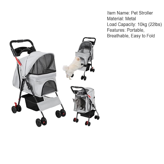 4 Wheel Pet Stroller for Small Medium Dogs, Foldable Cat Carriage with Breathable Mesh Windows, Cup Holder and Storage Basket, Portable Animal Strolling Cart Holds up to 22lbs Grey