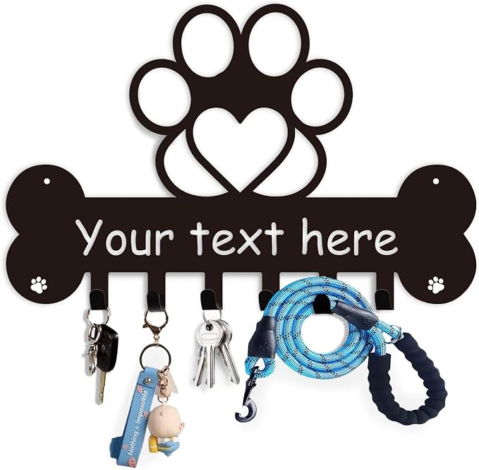 Personalized Wall Mount Dog Leash Holder, Organizer with Bone & Paw Design, Unique Metal Key Holder, Dog Decor Gift