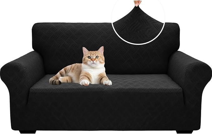 YEMYHOM Couch Cover Latest Jacquard Design High Stretch Sofa Covers for 2 Cushion Couch, Pet Dog Cat Proof Loveseat Slipcover Non Slip Magic Elastic Furniture Protector (Medium, Leaf Patten Black)