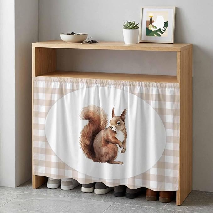 Squirrel Plaid Cabinet Dishwasher Hidden Curtains, Privacy Closet Door Curtain, Modern Farmhouse Checkered Rustic Animal Adhesive Dust Proof Under Sink Skirt for Bathroom Kitchen 35"x35"