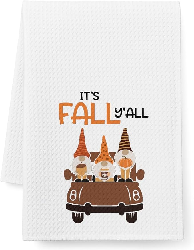 Fall Garden Gnome Kitchen Towels Decor Gifts for Home,It's Fall Y'all Tea Towel Baking Cooking Drying Cloth for Kitchen,Flour Sack Dish Towels,Farmehouse Decoration for Thanksgiving