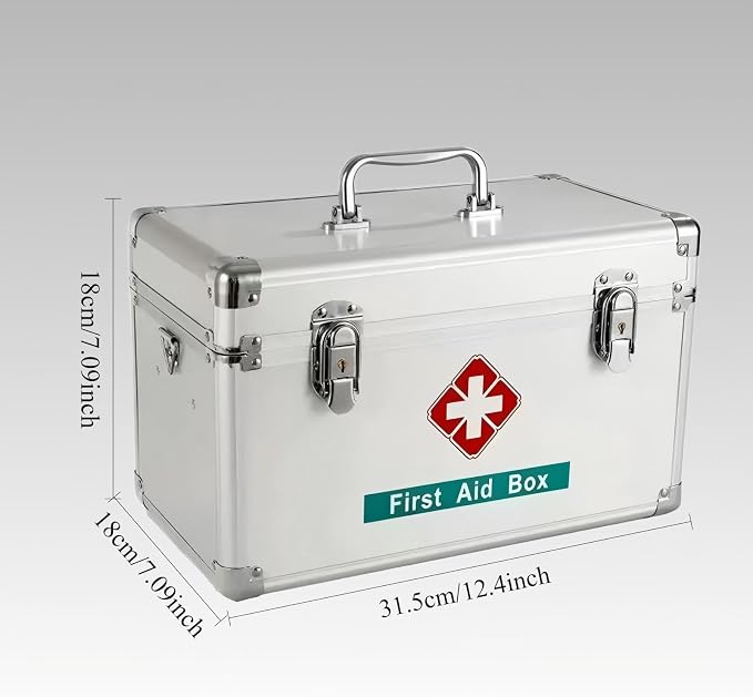Metal First Aid Box Empty Aluminum Medicine Box Lock with Keys, 12.2 * 7.08 * 7.08” Medium Size Container with Handle, First Aid Kit Box Organizer, Silver