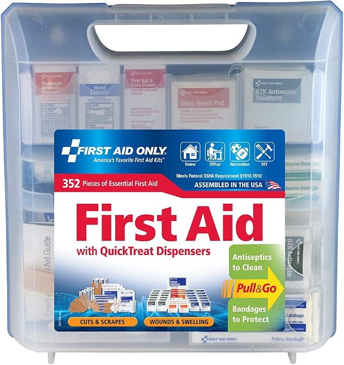 First Aid Only 91268 QuickTreat Dispenser Emergency First Aid Kit for Home, Work and Travel, 352 Pieces