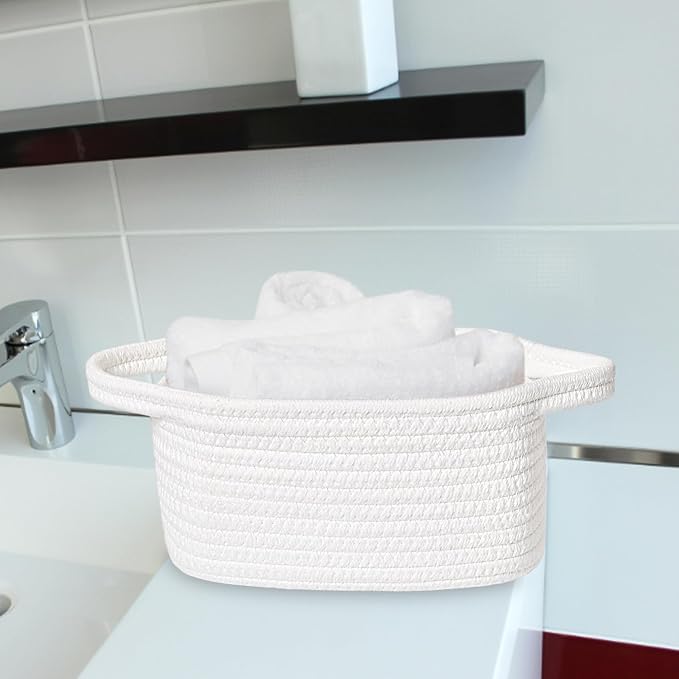 ABenkle Small Storage Basket, Mini Basket, Cute Tiny Cotton Rope Woven Basket, Shelf Basket, Boho Decorative Toy Storage Bin Gift Baskets, White