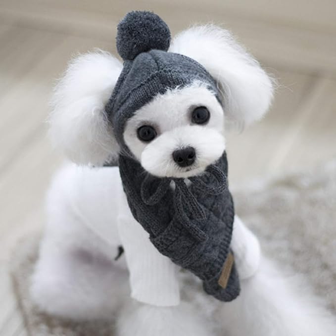 Goclothod Pet Dog Knitted Scarf and Hat Set Winter Neck Ear Warmer