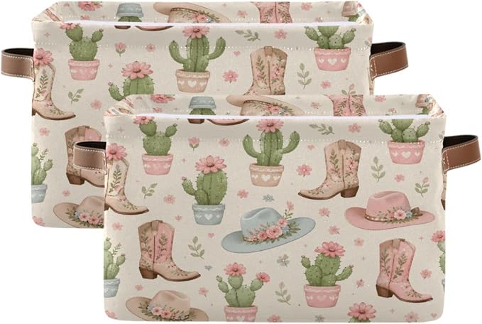 Kigai Storage Basket, Fabric Collapsible Closet Organizer Bin | Western Print Waterproof Foldable Canvas Basket with Handles for Shelves, Nursery, Closet, Bedroom & Bathroom