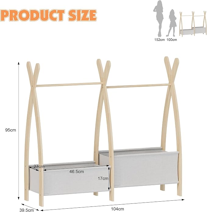 Kids Clothing Rack Dress Up Storage Closet for Girls Baby Garment Wardrobe Toddler Costume Closet with Double Hanging Rod Wood 2 Tier Bottom Storage Shelves (Double Row with Two Storage Boxes)