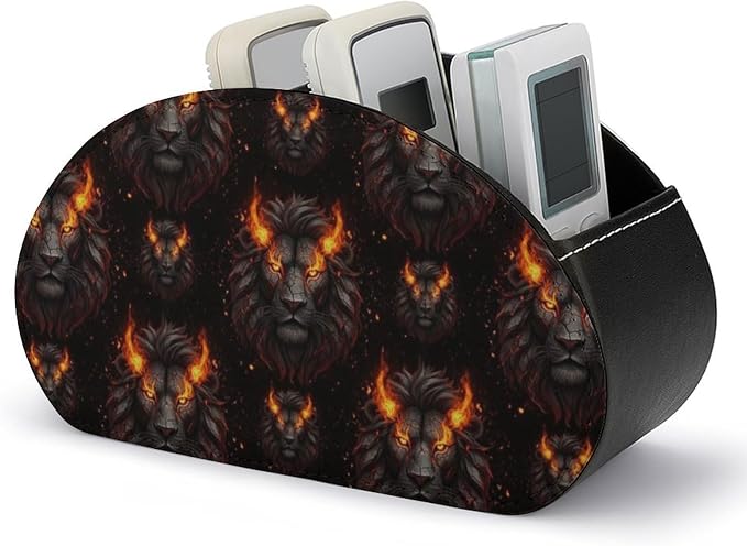 TV Remote Controllers Holder Fire Cool Lion Black Bedside Table Organizer | Desktop Storage Caddy Box, Fire Cool Lion Black, Pu Leather, 5 Compartments for Controller, Media Player