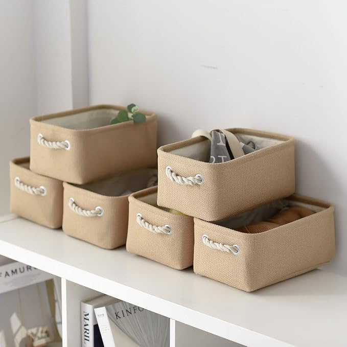 Storage Basket for Organizing - Small 6 Pack 11.8x7.8x5.2 inch Fabric Storage Cubes with Cotton Rope Handle, Collapsible Storage Bins Baby Storage Toy Nursery (Beige)