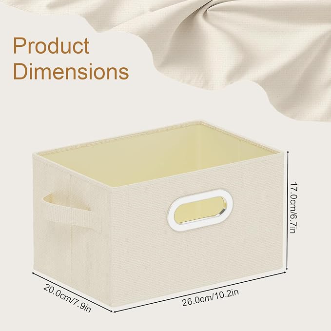 Collapsible Open Storage Baskets,10.2x7.9x6.7in,Beige,2 Pack | Storage Bins with Metal Handles,Rigid PP Panel Organizer Boxes for Organizing Home,Wipeable Garment Basket Cube for Wardrobe