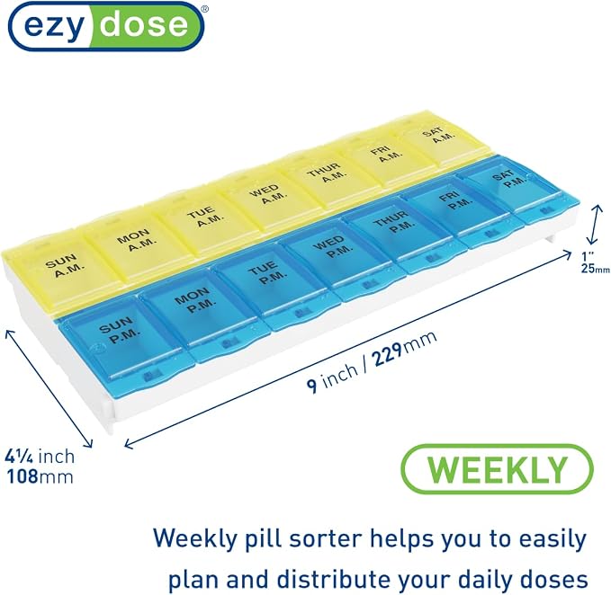 Ezy Dose Weekly (7-Day) AM/PM Pill Organizer, 2XL Planner, Blue/Yellow | Daily Medicine, Vitamin & Supplement Case, 2 Times a Day Pop-Up Compartments, Arthritis-Friendly, Travel-Friendly, BPA-Free