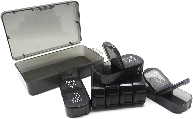 Small Pill Case, Cute Medicine Box, Travel Daily Pill Organizer | 7-Day 14 Tray Portable Vitamin Planner Container Dispenser for Purse Pocket, Capsule Holder for Fish Oils, Supplements, Black