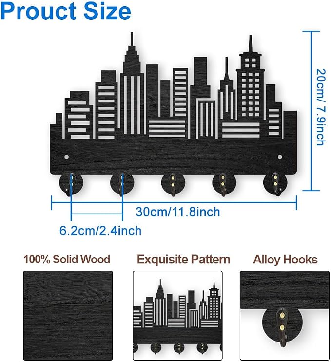 MAYJOYDIY Wood City Skyscraper Coat Rack Wall Mount 11.8×7.9inch Modern City Building Key Holder for Wall 5 Alloy Hooks Wall Art Decor Black Hook Rack for Office Entryway Living Room Gift