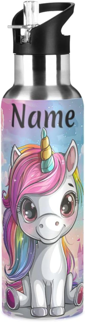 Custom Name Cute Unicorn Rainbow Castle Water Bottle with Straw Lid Kids Insulated Stainless Steel Water Flask Sports, 20 Oz Hot Cold