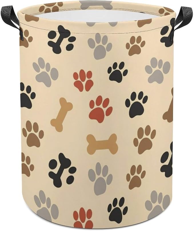 Collapsible Waterproof Laundry Basket Dog Bone Paw Prints Cream, Portable Hamper with Handles for Clothes, Toys, and Home Organization