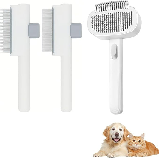 3 in 1 Self Cleaning Pet Grooming Kit : Slicker Brush & Flea Comb & Dematting Comb for Dogs and Cats, Deshedding Tool for Long & Short Haired Pets (White)