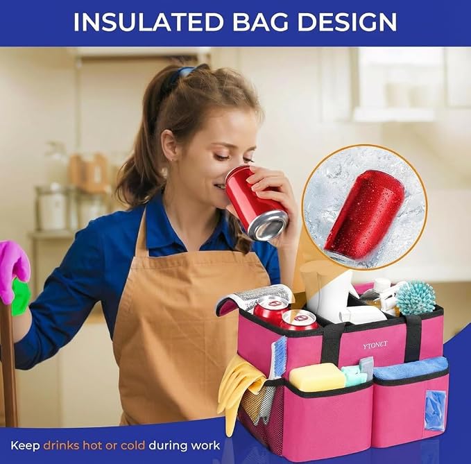 Ytonet Portable Cleaning Caddy with Handle, Water Resistant Cleaning Bag | with Handle & Foldable Divider for Cleaners, Housekeeping Tote for Kitchen & Bathroom, Car Tool Caddy Organizer Bag, Rosered