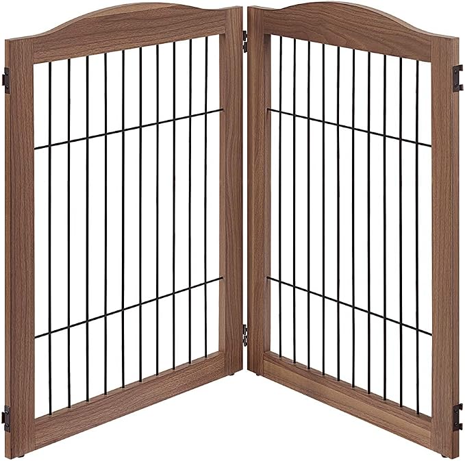 unipaws 44" Wide and 31.5" Height Dog Gate and Extension Kit, Free Standing | Wooden Pet Gates for Stairs, Doorway, Indoor Safety Fence for Dogs, Walnut