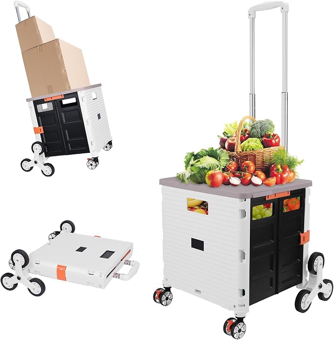 FELICON SELORSS Folding Utility Climber Cart Portable Rolling Crate-White | Stair Climbing Wheels+360°Swivel Wheels,Telescoping Handle,Plastic Box Dolly for Travel Shop Move Laundry Office Teacher Use