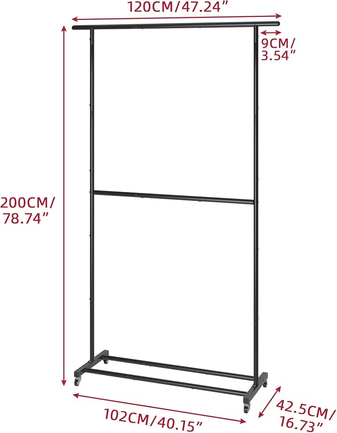 Sywhitta Double Rod Clothing Garment Rack, Rolling Clothes Organizer on Wheels for Hanging Clothes, Easy to Assemble, Adjustable, Black (Pack of 2)