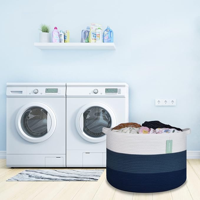 Large Cotton Rope Blanket Basket, 87L Laundry Hamper, White & Blue