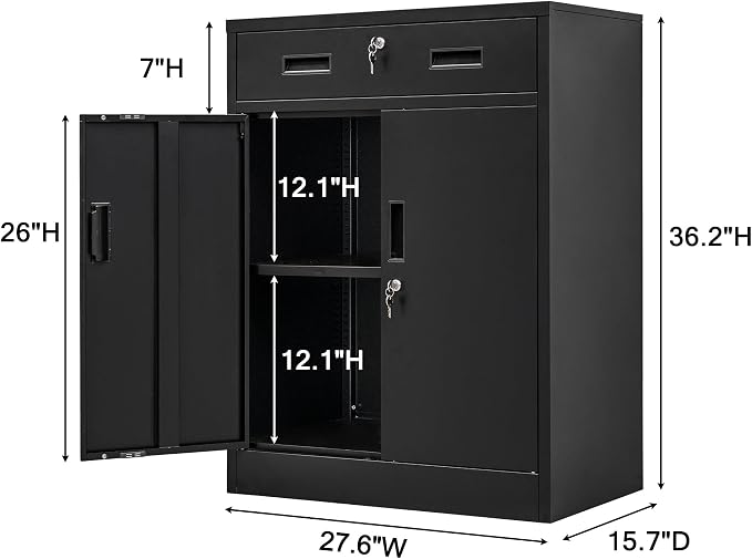 Wanfu Metal Storage Cabinet, 36" H x 28" W x 16" D Locking Cabinet with 1 Drawer and Adjustable Shelf, Metal Cabinets for Office, Garage, Home-Black