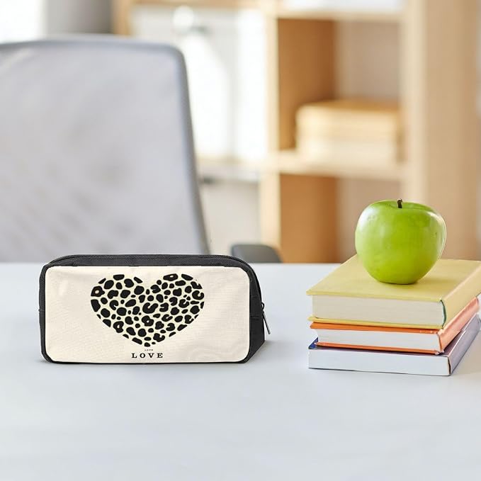 Leopard Heart Large Pencil Case, Durable Pen Bag Zipper Organizer Pouch for Office Travel for Women Men