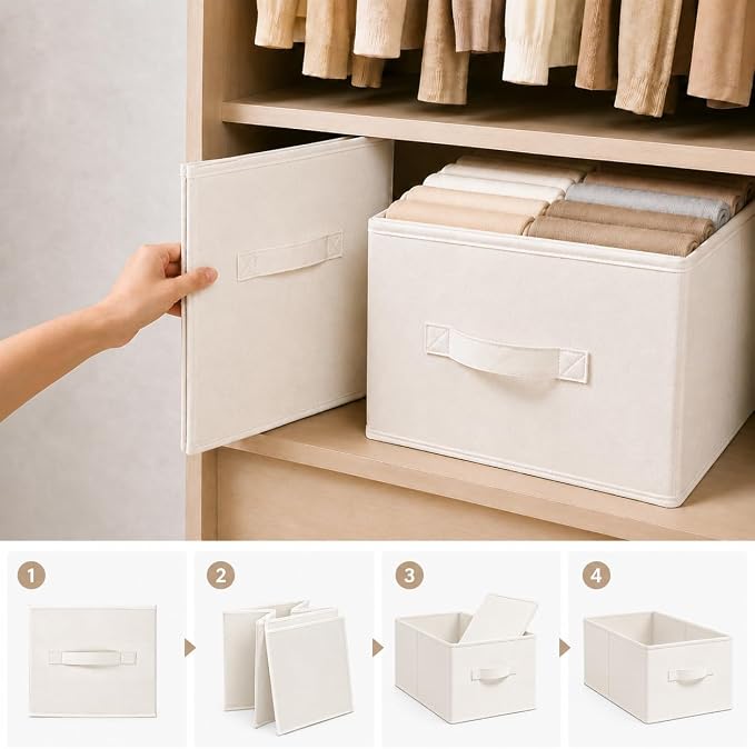 LayerSpace Fabric Storage Bins | Closet Bin Shelf Organizer Shelf Basket | Collapsible Linen Closet Organizer Storage Cube | 14¾"L x 10¼"W x 8¼"H | Storage for Clothes | White & Ivory 3 Pack | Thickened Rigid PP Panels, Cotton-linen Shelf Baskets, Meas...