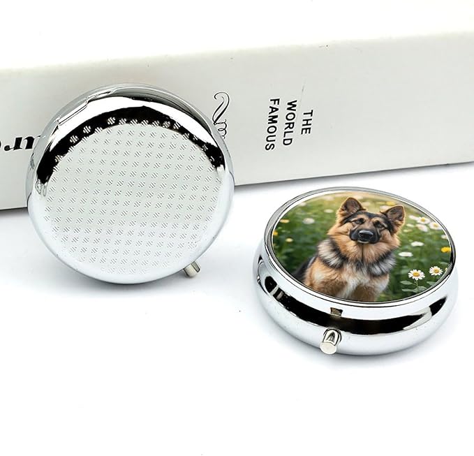 Pill Box 3-Compartment Portable Pill Case Cute Pet German Shepherd Dog Round Metal Medication Organizer Small Weekly Medication Case with Mirror Stylish Vitamin Holder for Purse Pocket Travel