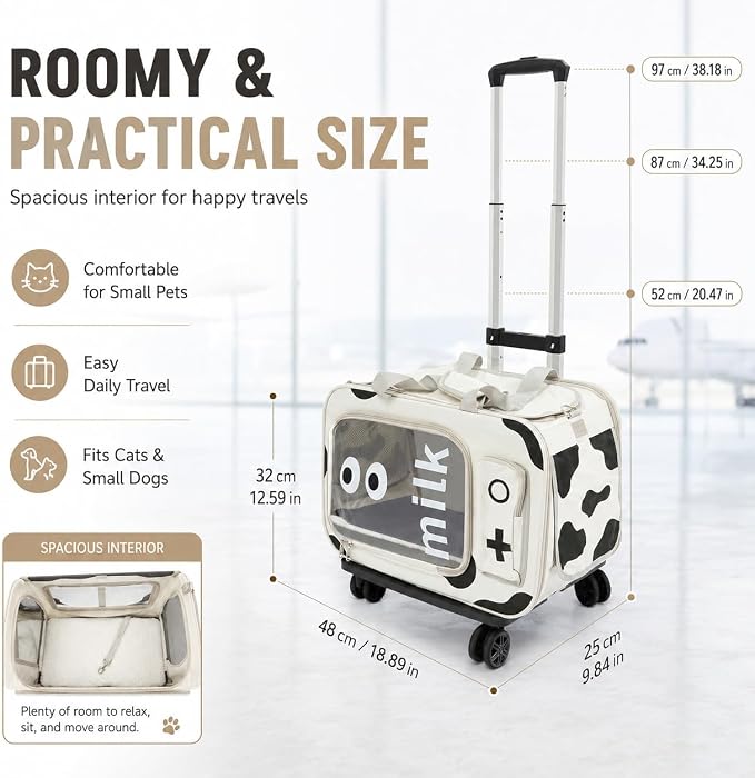 Pet Carrier with Wheels,Steel Wire Frame Cat Carrier,with Upgraded Wheels and Telescopic Handle,for Car Travel Bus Subway, Beige