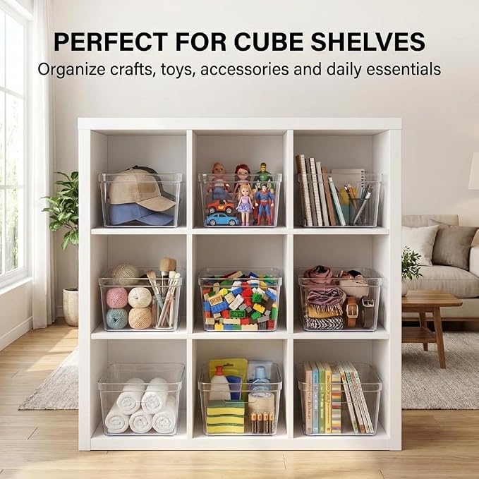MOONEDGE 4-Pack 10x10x6 Clear Plastic Cube Storage Bins with Handles | Acrylic hard square organizer containers for closet,pantry,fridge,kitchen,bathroom,laundry,under-sink,cabinet organization
