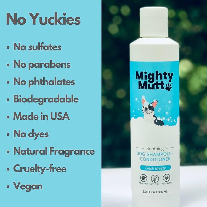 Mighty Mutt Soothing Dog Shampoo and Conditioner – Pet Friendly | Deodorizes Smelly Dogs | Detangles | Natural, Hypoallergenic & Anti-Itch Dog Shampoo Sensitive Skin – Fresh Breeze | 9 fl oz
