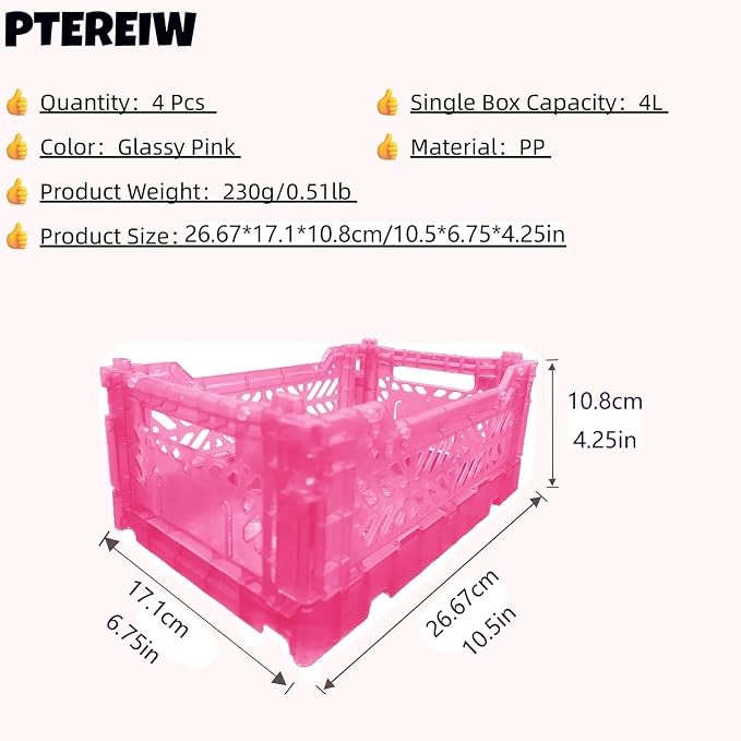 4L Plastic Storage Crates, Collapsible Basket for Home Offce Desk Organize | Space Saving and Foldable Bins for Classroom, Kitchen, Bedroom (Pink)