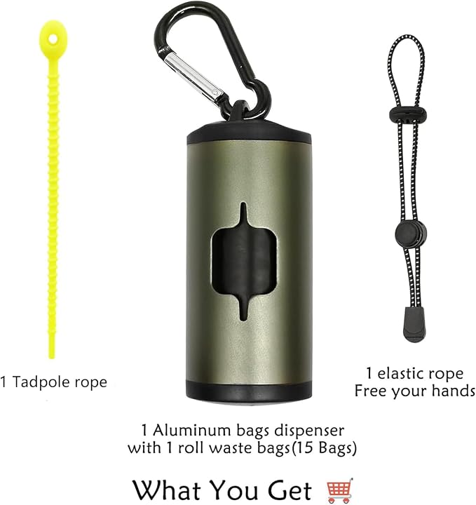 YUCHIYA Aluminum Dog Poop Bags Holder with Carabiner Metal Pet Waste Bags Dispenser with Hook and Loop Fastener and Elastic Cord to Carry Used Bags (Olive Green, 1 Holder 15 Bags)