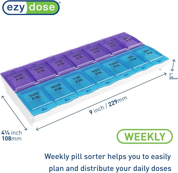 Ezy Dose Weekly (7-Day) AM/PM Pill Organizer, 2XL Planner, Color May Vary | Daily Medicine, Vitamin & Supplement Case, 2 Times a Day Pop-Up Compartments, Arthritis-Friendly, Travel-Friendly, BPA-Free