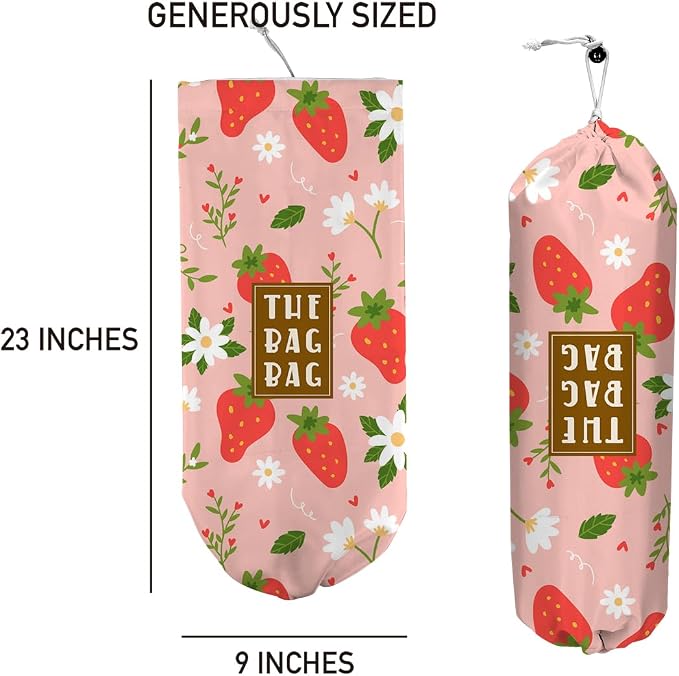 Plastic Bag Holder,Reusable And Washable Country Style Grocery Bag organizer,For Home Kitchen Travelling Camping Decor, use 1 Pack,Red strawberry Pattern